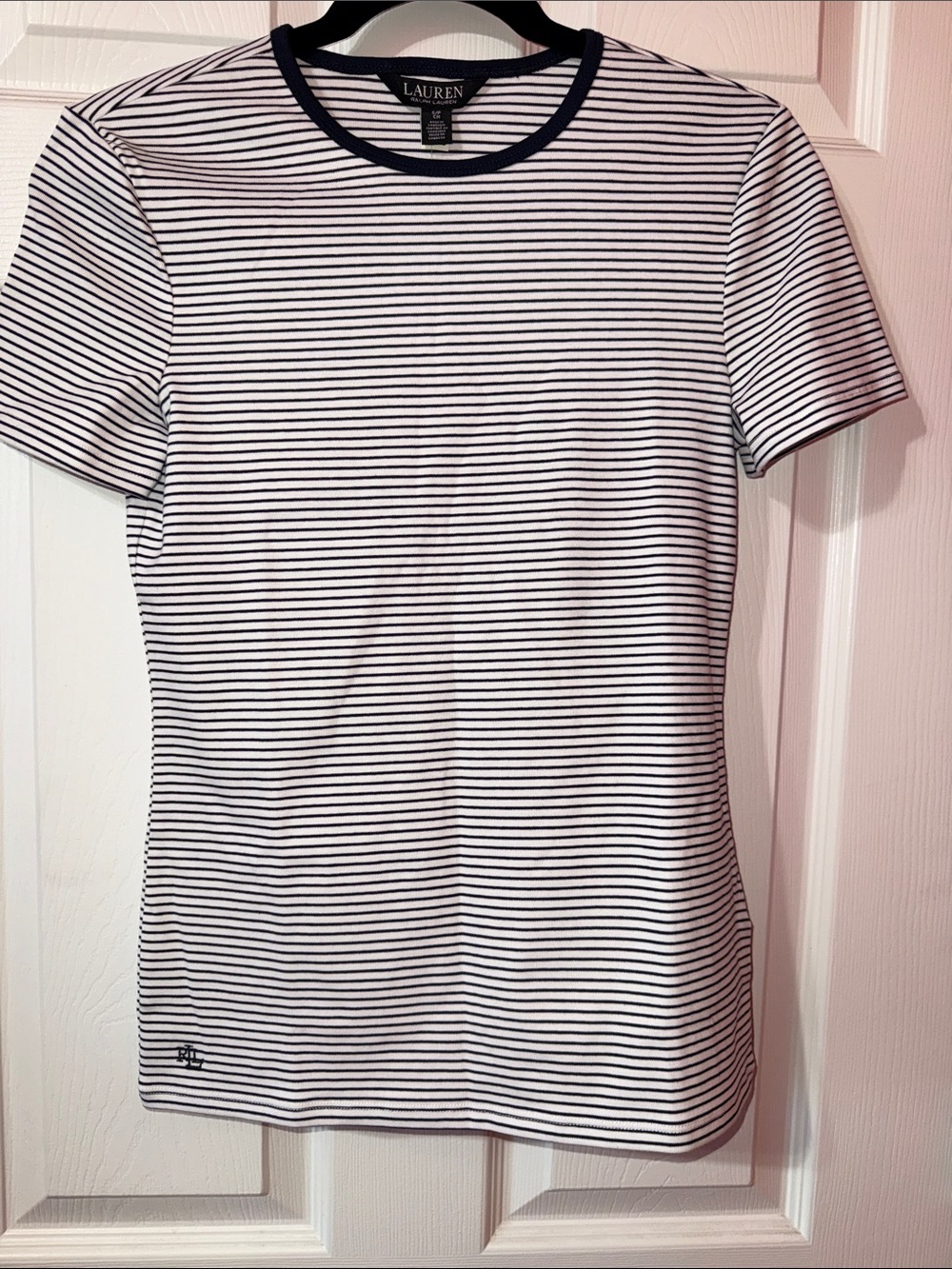 Lauren Ralph Lauren White T-Shirt with Navy Micro-Stripes